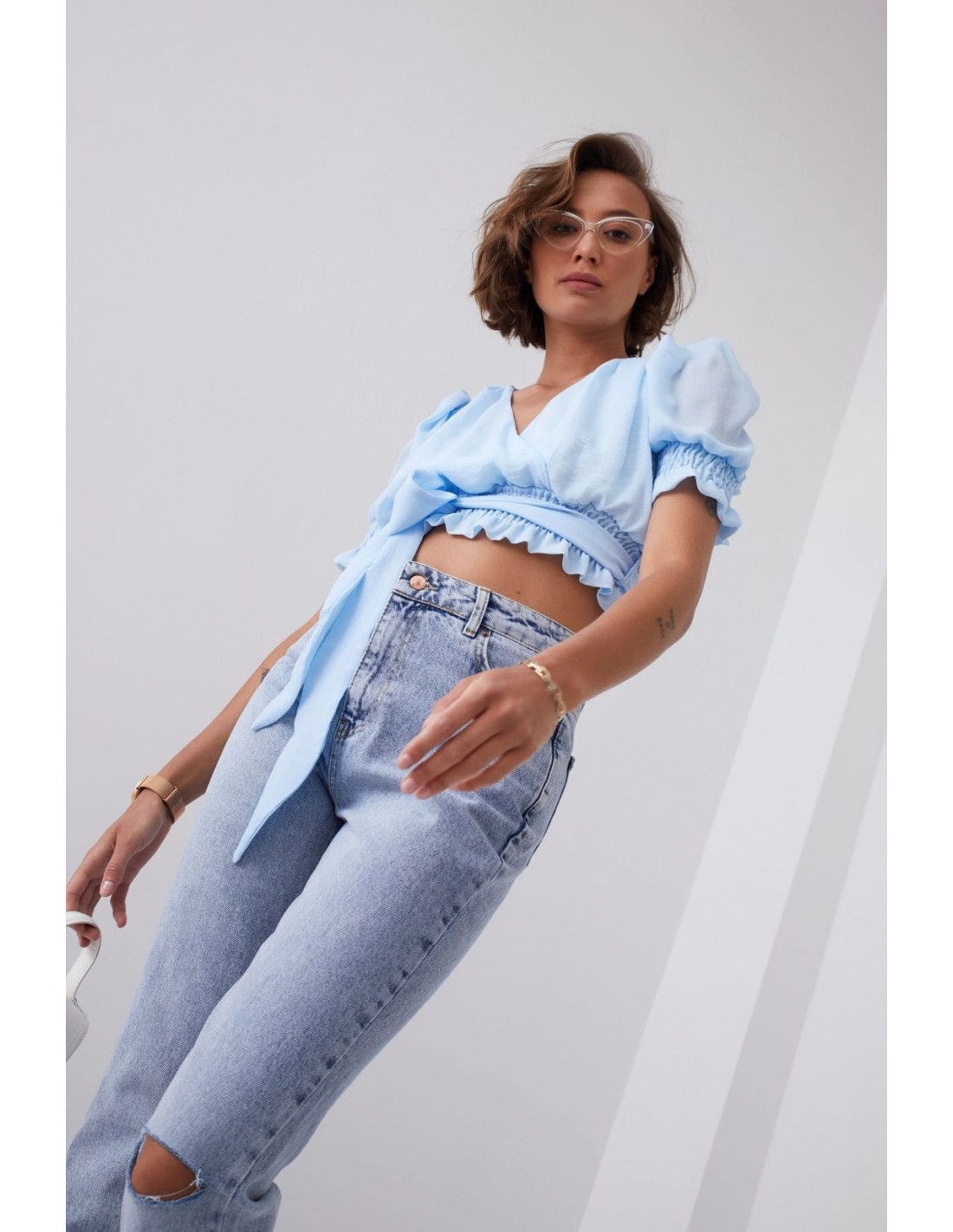 Short blouse with a belt, blue 20580 - Online store - Boutique